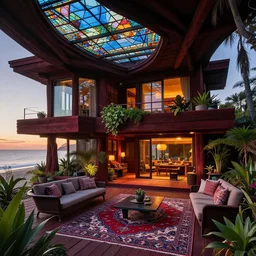 award winning interior of an all black psychedelic modern ecopunk frank lloyd wright beach house mansion made entirely of redwood during sunset with soft lamp light, lots of plants and stained glass ceilings and persian rugs