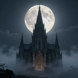the temple of elemental evil rising up from the mist at night silhouetted by a huge moon, by Noah Bradley, Darek Zabrocki,, James Paick, Natasha Tan, highly detailed, ultra detailed, ultra realistic, trending on artstation, thomas kincade