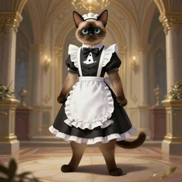 full body photograph of a male anthropomorphic siamese cat fursona wearing a maid outfit in a manor, deep focus, intricate, elegant, highly detailed, digital painting, artstation, concept art, matte, sharp focus, illustration, d & d, fantasy, hearthstone, art by artgerm and greg rutkowski and alphonse mucha