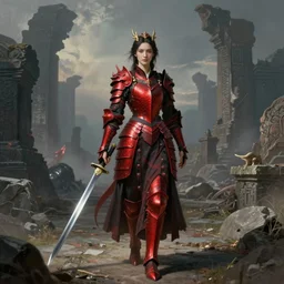 woman in dark and red princess dragon armor, she is holding a katana sword, walking on the mystical ancient ruins. by william henry hunt