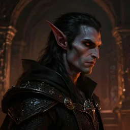 dungeons and dragons evil dark elf character closeup side profile portrait, dramatic light, dungeon background, 2 0 0 mm focal length, painted by stanley lau, painted by greg rutkowski, painted by stanley artgerm, digital art, trending on artstation