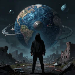 a mysterious man wearing a hoodie with face shrouded in darkness standing before the ruin of an enormous solar system model, dark and forboding, high resolution pixel art
