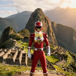 power rangers on vacation in machu picchu, sunset