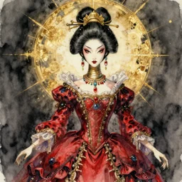 watercolor painting of avant - garde portrait of a japanese bjd geisha vampire queen with a long neck in a victorian red dress painted by daniel merriam, amy sol, intricate detail, artstation, artgerm, in the style of dark - fantasy, rococo, gold leaf art
