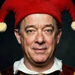 closeup portrait of whimsical conniving tom hanks wearing a red hat, court jester in renaissance era,, masterpiece, by donato giancola and greg rutkowski and wayne barlow and zdzisław beksinski, high contrast, realistic face