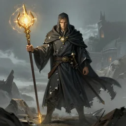 illustration fantasy wizard with torn robes after a battle holding a glowing staff