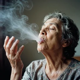 analog photographic portrait with 5 0 mm lens and f / 1 2. 0 of a 1 2 0 years old woman woman with her eyes closed and spurting from her mouth a white viscous fluid floating in the air. with a slight variation of light in the liquid and gesture.
