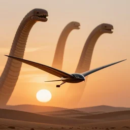 an ornithopter on dune, giant sand worms in the background, light orange sunset, volumetric light, hdr, 8 k, bokeh designed by moebius kow yokoyama