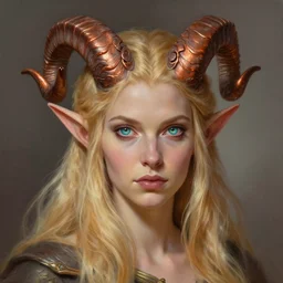 A head-on detailed oil portrait of a distinguished elf woman with curly copper horns, long blonde hairs and bright irises, by greg rutkowski, trending on artstation, dungeon and dragons art