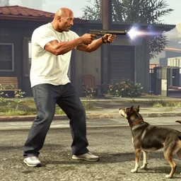 Dwayne Johnson as a character in GTA V shooting at a dog