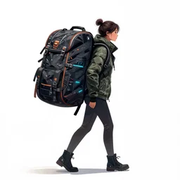 a woman carrying a super large bag of luggage behind her, cyberpunk art by maciej kuciara, cgsociety, space art, white background,, concept art, sci - fi