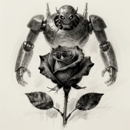 The sketch is of a rose with a robot monster looming in the background. The style is dark and scary, meant to make the viewer feel uneasy., trending on artstation