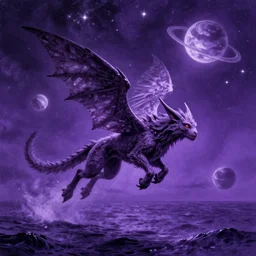 Surrealist painting of a winged monster flying over the ocean, with a starry sky full of glowing planets behind it, purple color scheme, fantasy artwork, award winning, hyper detailed, very very very very very very very very very very very very very very very very very beautiful, studio lighting, artstation