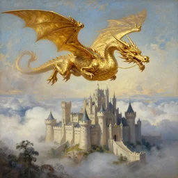 A highly detailed oil painting of an ancient gold dragon flying through the clouds over a huge castle, by Afremov
