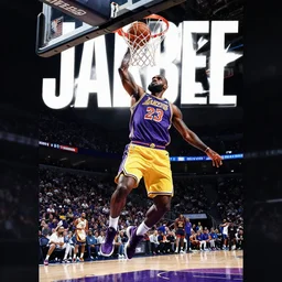 a sports center sports action shot poster of lebron james dunking a basketball during a game, professional photography, cool poster design, photoshopped, epic, trending on artstation