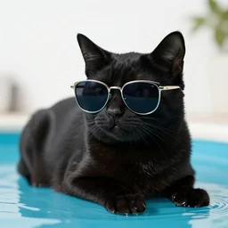 A photo of a black cat wearing sunglasses on a pool, photo studio, professional photo, commercial photo, professional lighting, trending in artstation, HDR