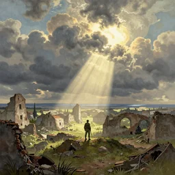 a scenic landscaping view of a lone military soldier standing in the ruins of the city, ray of sunlight, powerful clouds, greg rutkowski, moebius, bill sienkiewicz, alphons mucha, countryside color scheme, ultra wide angle, ultra detailed, light effect
