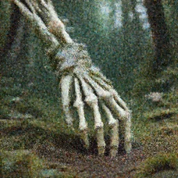 a skeleton hand reaching out of the ground, roses and vines sprouting and wrapping around the hand, kintsugi, ornamented diaphanous jewelry, forest in background, 4k, trending on artstation, photorealistic, volumetric lighting, octane render,
