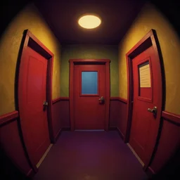 dimly lit, theater access corridor background, 3 doors, day of the tentacle style, fish eye, pixar, octane render, 8k, ambient occlusion, vibrant