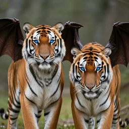 two siberian tigers with bat wings posing like super models staring into your eyes with bright blue irises.