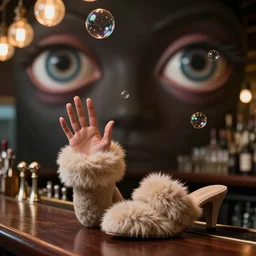 surreal, fuzzy mule, sitting at a bar, taps, bar lighting, giant eyes, bubbles in the air, hyper realistic, 8k