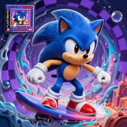 sonic the hedgehog close up in a recursive surreal, sharp, detailed professional, high quality airbrush art MGMT tame impala album cover of a liquid dissolving synthwave vaporwave LSD DMT blue sonic the hedgehog surfing through terragen landscape, purple checkerboard plane, 1990s 1992 Sega Genesis video game album cover,