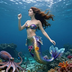 mermaid , underwater , a stunning beautiful giorgia-era dress with brown long hair , abundant detail, octopuses and flowers