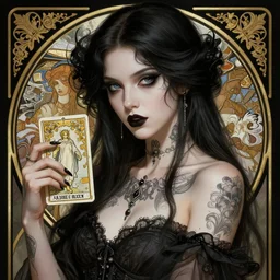 portrait of a sexy goth tattoed girl, intricate, elegant, art nouveau, tarot card, highly detailed, digital painting, artstation, concept art, smooth, sharp focus, illustration, art by artgerm and greg rutkowski and alphonse mucha and william - adolphe bouguereau