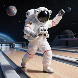 an astronaut playing bowling in space, 3d art by marco zagara