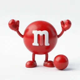 a single red m & m candy with arms and legs, a red sphere