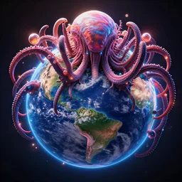 close - up photo center view of the planet earth surrounded and consumed by a massive chtulu mandelbulb xenomorph, vibrance colors, by wlop, jungyeonmin, james jean jhonseru jsezz, greg rutkowski, biomechanical, lens orbs, global illumination, volumetric lighting, fine details, japandi, hyperreal, micro details, vray