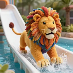 a closeup photorealistic photograph of a colorful knitted wonder woman style lion riding down a water slide. splashing. professional capture. bright scene. this 4 k hd image is trending on artstation, featured on behance, well - rendered, extra crisp, features intricate detail, epic composition and the style of unreal engine.