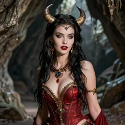 a gorgeous succubus in a cave, greg rutkowski, 8 k, shallow depth of field, intricate detail, concept art,