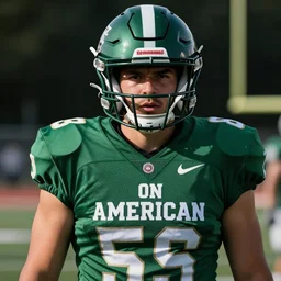 “ portrait of an American Football player, green jersey, cinematic lighting, 4K camera”