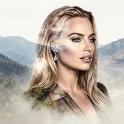 tattoo design sketch double exposure of margot robbie faded with beautiful mountain scenery, creative mash up, in the style of arlo dicristina, surrealist, amazing detail, sharp
