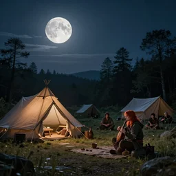 an epic fantasy adventurer's camp with a hide tent at night with a full moon, a single adventurer with red hair playing an instrument, 4 k, extremely detailed. award winning, trending on artstation, 8 k, ultra wide angle