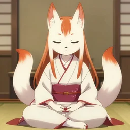cute anime kitsune meditating in kimono, stylized, beautiful lineart, depth focus, rankings pixiv, artstation, procreate, soft lighting, srgb, 4 k artstation, hdr, cinematic, by kadokawa, nitroplus, mihoyo, kodansha, shogakukan