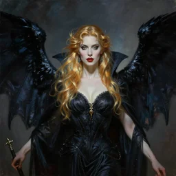 raven winged female vampire, fantasy, portrait painted by Raymond Swanland artgerm