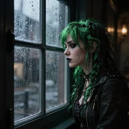 medium format photo of a goth punk with green hair looking sadly out a window on a rainy night photographed by Jill Greenberg