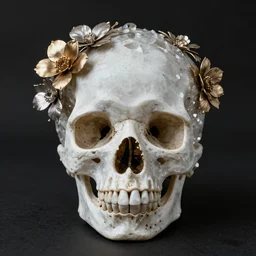 a symmetrical head skull bone made of crystal decorated with metallic flowers photgraphic