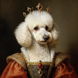 portrait of a white poodle as an italian queen, painting by leonardo da vinci