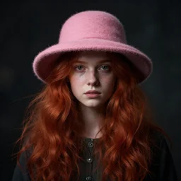 realistic, portrait, centered, dramatic, fantasy, render of a redhead young girl, with a pink wool street hat on her head, by wlop, artgerm, greg rutkowski, alphonse mucha, beautiful dynamic, dramatic, dark, moody lighting, shadows, cinematic atmosphere, artstation, concept design art, octane render, 8 k