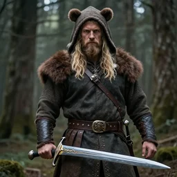 a strong adult male blonde barbarian with a bear hood and coat holding a longsword in a forest, hyperrealistic photography, award wining, intricate details, photo
