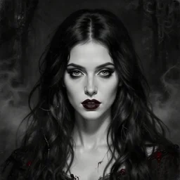 highly detailed oil painting | very intricate | cinematic lighting | black, white and blood color scheme, dark background | portrait of a exquisite beautiful vampire girl kirsten dunst with long elegant tangles of black hair, eyes, gothic fog ambience, hyper realistic head, fantasy victorian art, in the style of greg rutkowski, zdizslaw beksinski, intricate, alphonse mucha