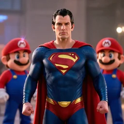 moviestill of man of steel with super mario super mario super mario super mario as superman, movie still, cinematic lighting, ray tracing, octane render, long lens, shallow depth of field, bokeh, anamorphic lens flare, 8 k, hyper detailed, 3 5 mm film grain
