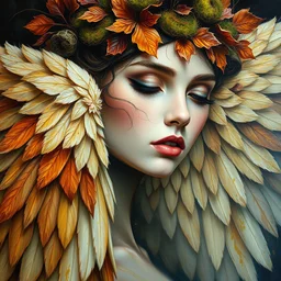 portrait of beautiful angel by irakli nadar with intricate detailed color smashing fluid oil paint and acrylic, dried moss and dried autumn leaves headdress, haunting, elite, elegant, melting wax, mycelia, abstract impressionism, ruan jia, dark fantasy, hyper detailed, concept art, by gustav klimt,
