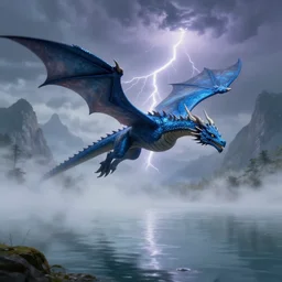 blue dragon flying over a lake, mist, fog, lightning and thunder, mountains in background, detailed digital painting, dungeons and dragons, trending artstation