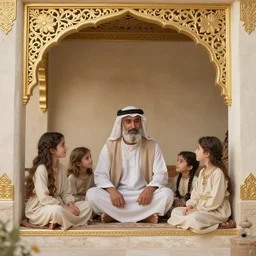 bedouin father with a goatbeard and his family sitting in an arabic styled house, highly detailed, gold filigree, romantic storybook fantasy, soft cinematic lighting, award, disney concept art watercolor illustration by mandy jurgens and alphonse mucha and alena aenami, pastel color palette, featured on artstation