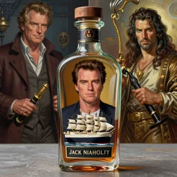 a message in a bottle but instead of a ship it is a young jack nicholson in the bottle, jack nicholson, fancy whiskey bottle, masterpiece painting by artgerm and tom bagshaw and boris vallejo and frank frazetta