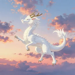 Snow-white dragon Haku frolics in the sunset sky, Japanese painting, pastel colors